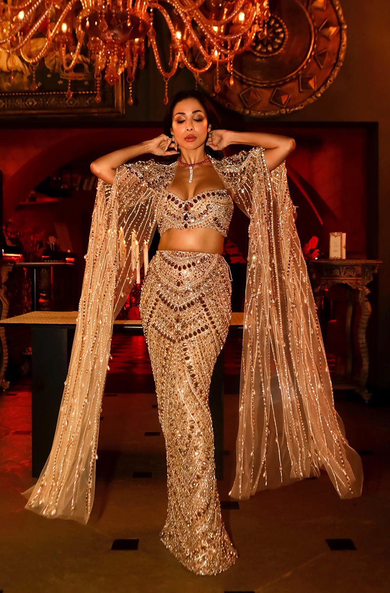 Malaika Arora in our Gold Crystal Hand Embroidered Bodycon Skirt Set