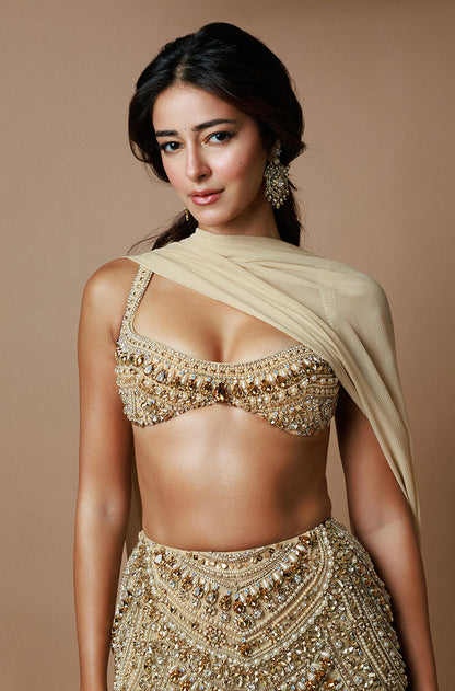 Ananya Panday in our Gold Stone & Embroidered Fitted Skirt Set