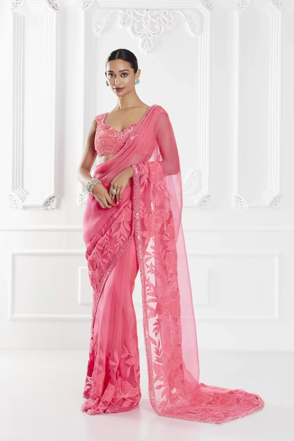 Fluorescent Pink Floral Embroidered Saree Set