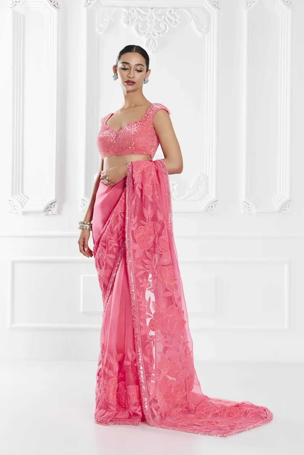 Fluorescent Pink Floral Embroidered Saree Set