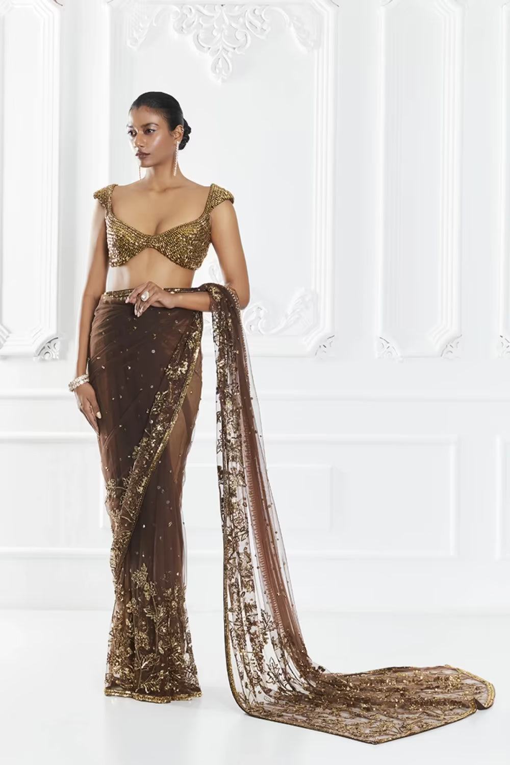 Brown Embellished Saree Set