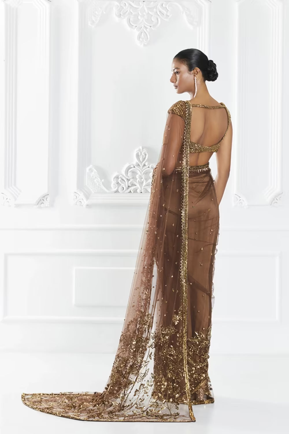 Brown Embellished Saree Set