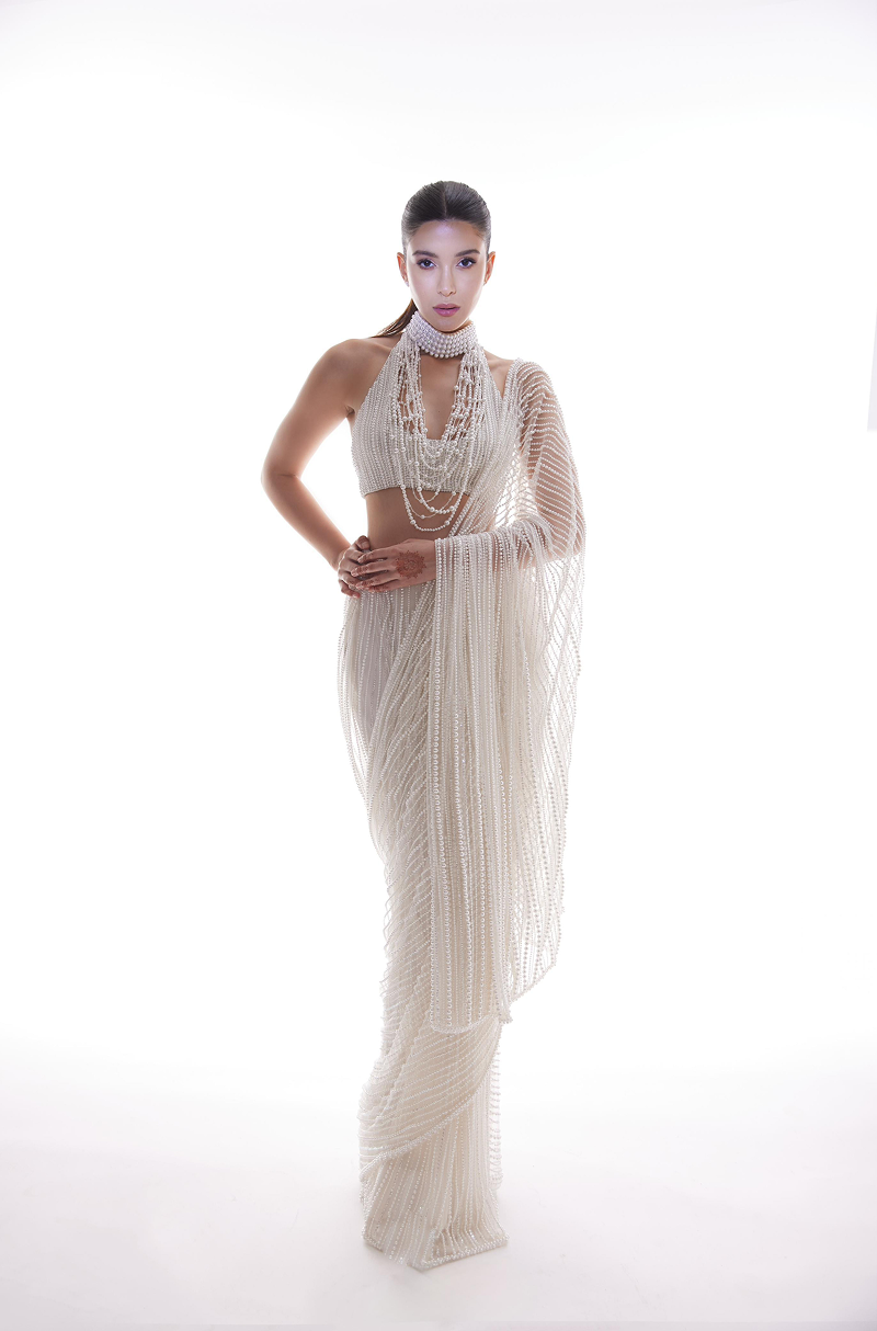 Shanaya Kapoor in our Ivory Pearl Embroidered Stitched Saree