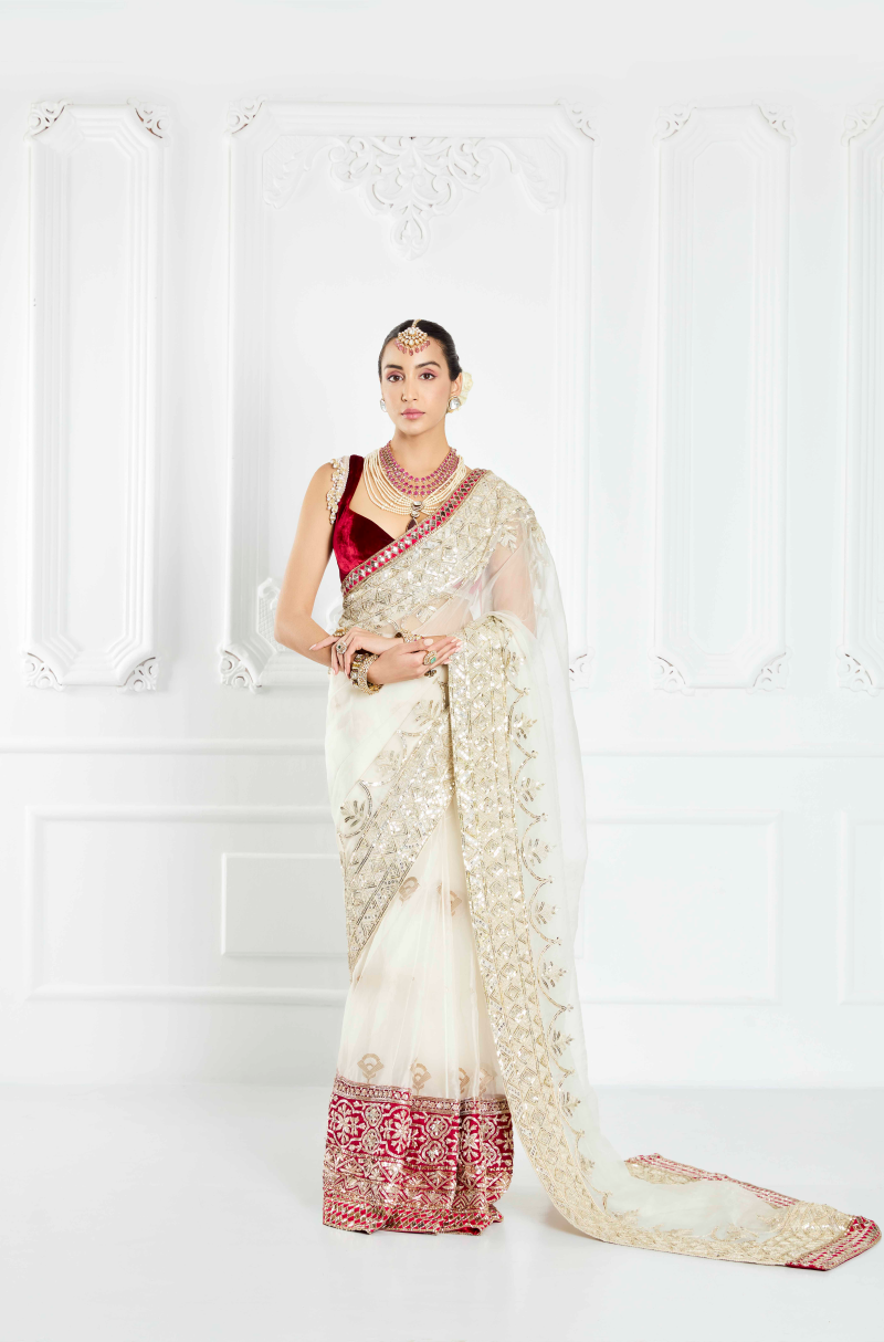Ivory Organza Saclloped Saree Set