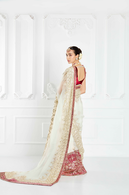 Ivory Organza Saclloped Saree Set