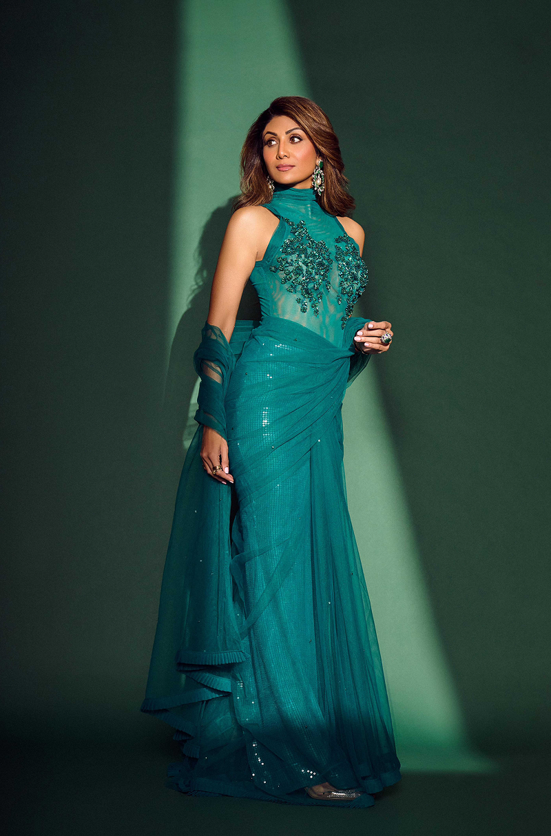 Shilpa Shetty in our Teal Stitched Saree Set