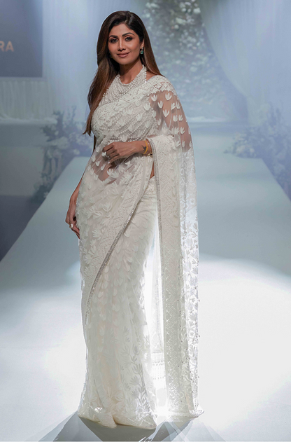Shilpa Shetty in our Ivory Net with Thread Work Saree Set