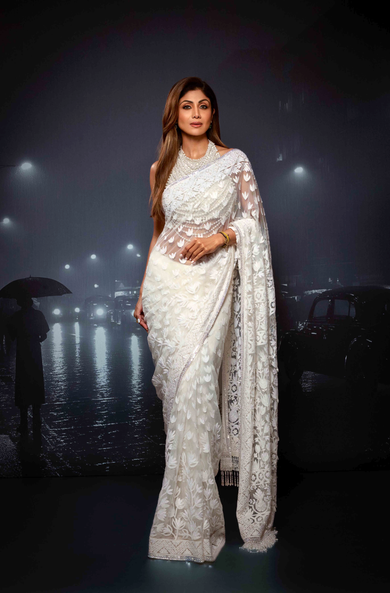 Shilpa Shetty in our Ivory Net with Thread Work Saree Set