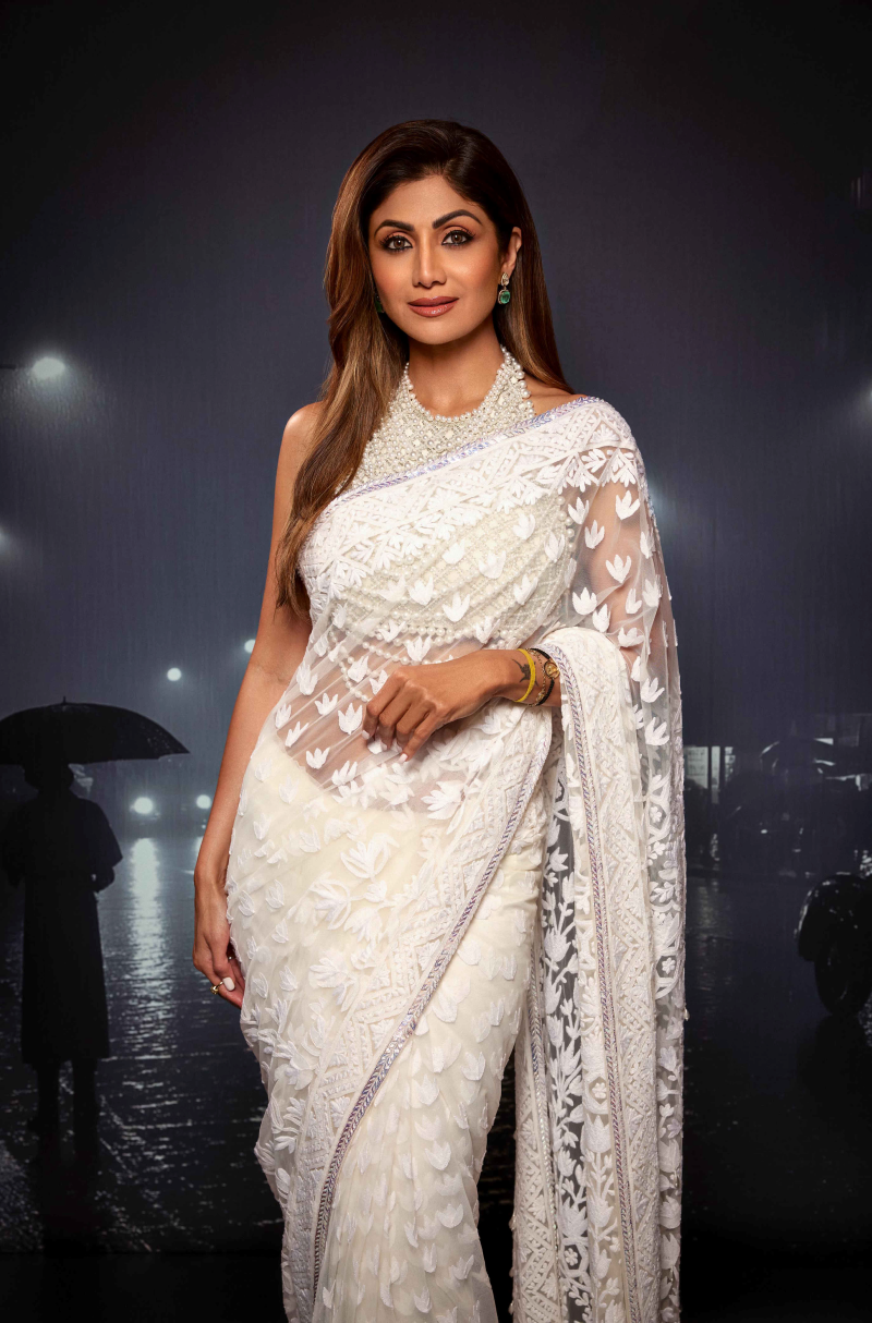 Shilpa Shetty in our Ivory Net with Thread Work Saree Set