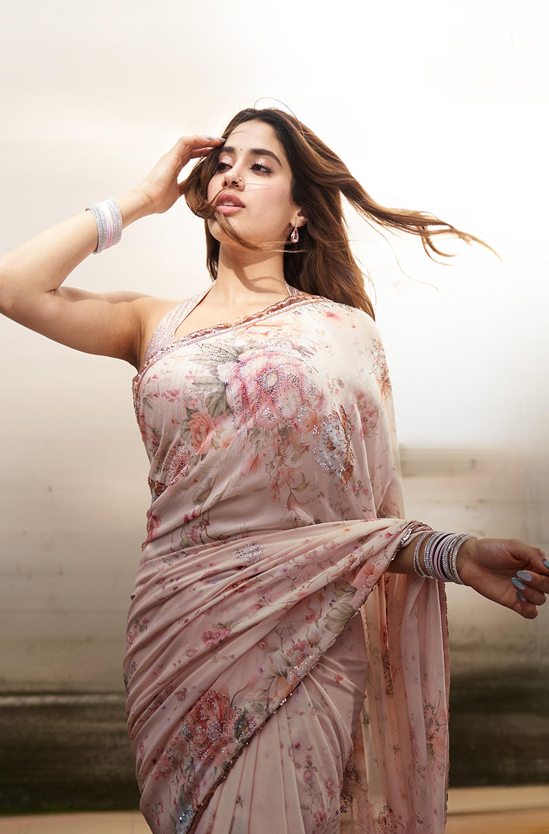 Janhvi Kapoor in our Blush Floral Sparkel Geogrette Saree Set
