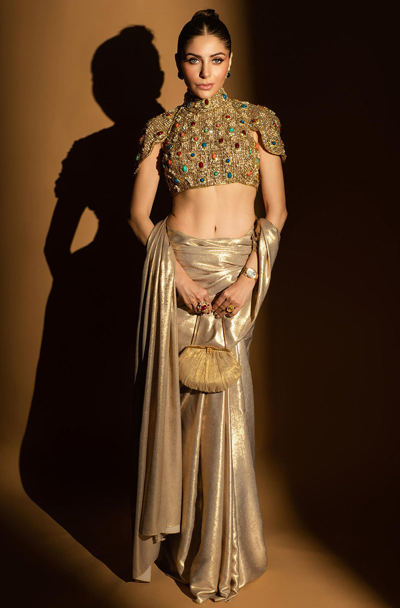 Kanika Kapoor in our Multicolour Stone Embroidered Stitched Saree