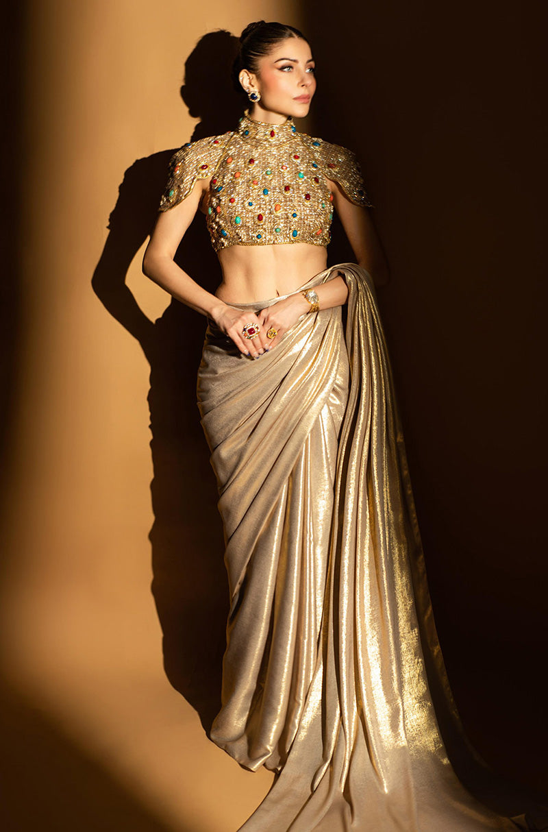 Kanika Kapoor in our Multicolour Stone Embroidered Stitched Saree