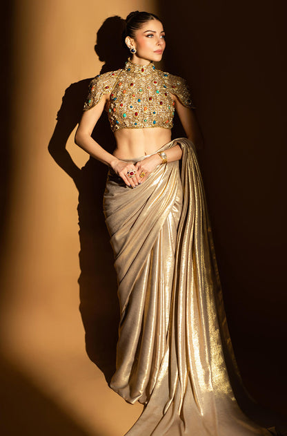 Kanika Kapoor in our Multicolour Stone Embroidered Stitched Saree