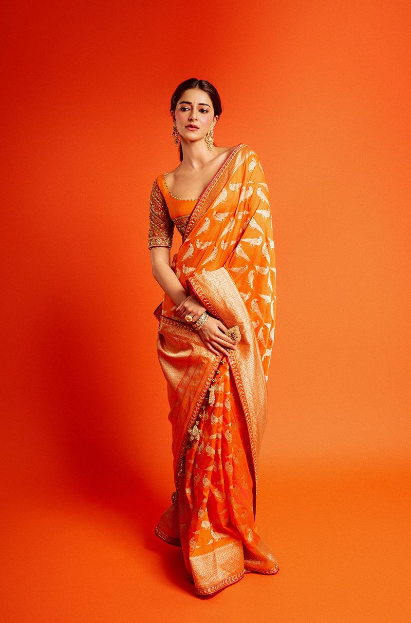 Ananya Pandey in our Orange Brocade Saree Set