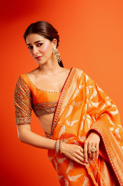 Ananya Pandey in our Orange Brocade Saree Set