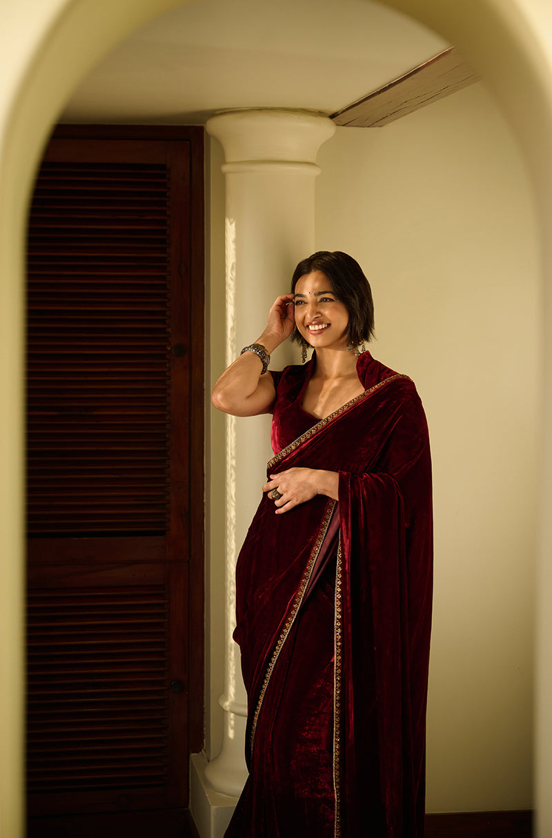Radhika Apte in our Bordeau Velvet Stitched Saree Set