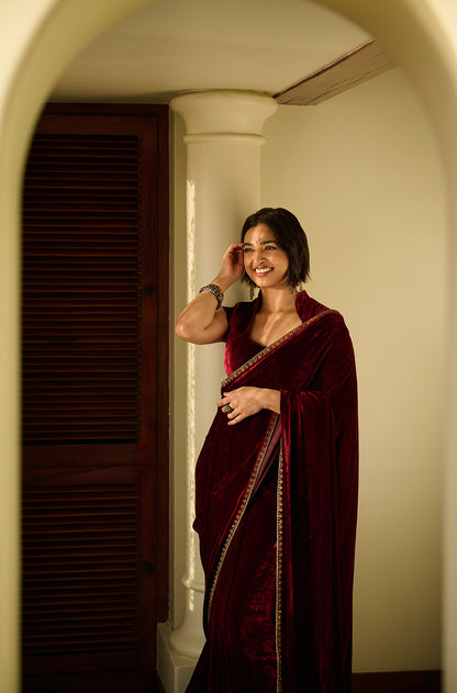 Radhika Apte in our Bordeau Velvet Stitched Saree Set