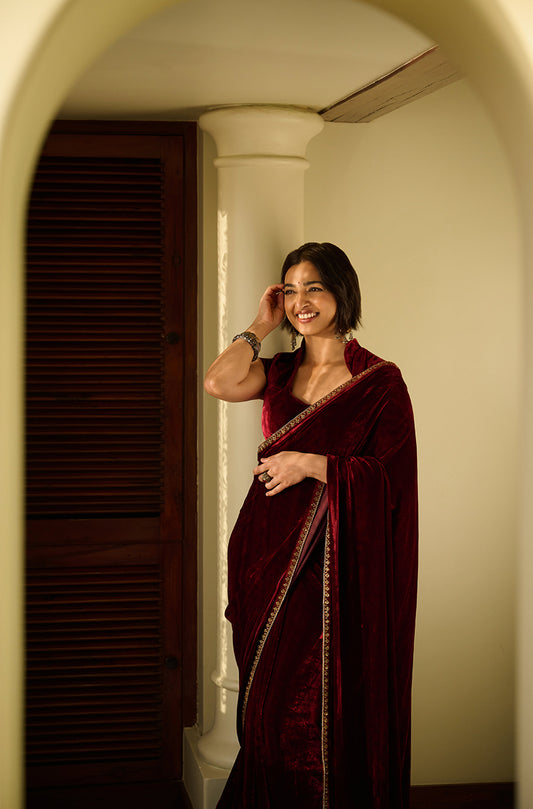 Radhika Apte in our Bordeau Velvet Stitched Saree Set
