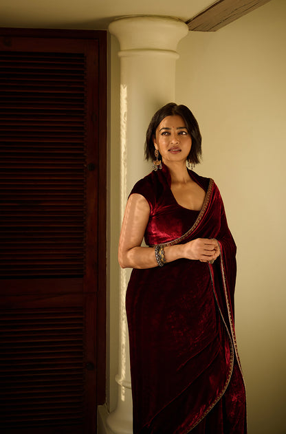 Radhika Apte in our Bordeau Velvet Stitched Saree Set