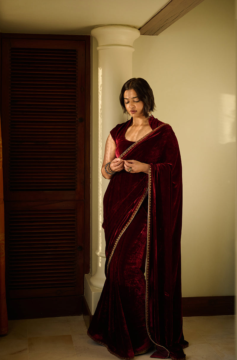 Radhika Apte in our Bordeau Velvet Stitched Saree Set