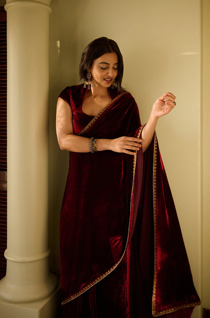 Radhika Apte in our Bordeau Velvet Stitched Saree Set