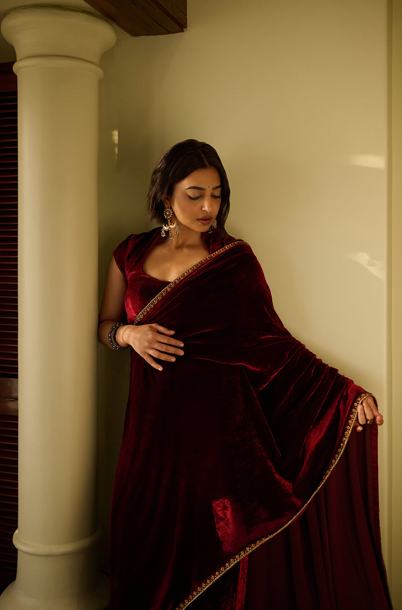 Radhika Apte in our Bordeau Velvet Stitched Saree Set
