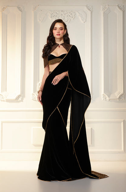 Black Velvet Corset Waist Stitched 
Saree Set