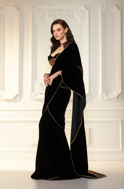 Black Velvet Corset Waist Stitched 
Saree Set