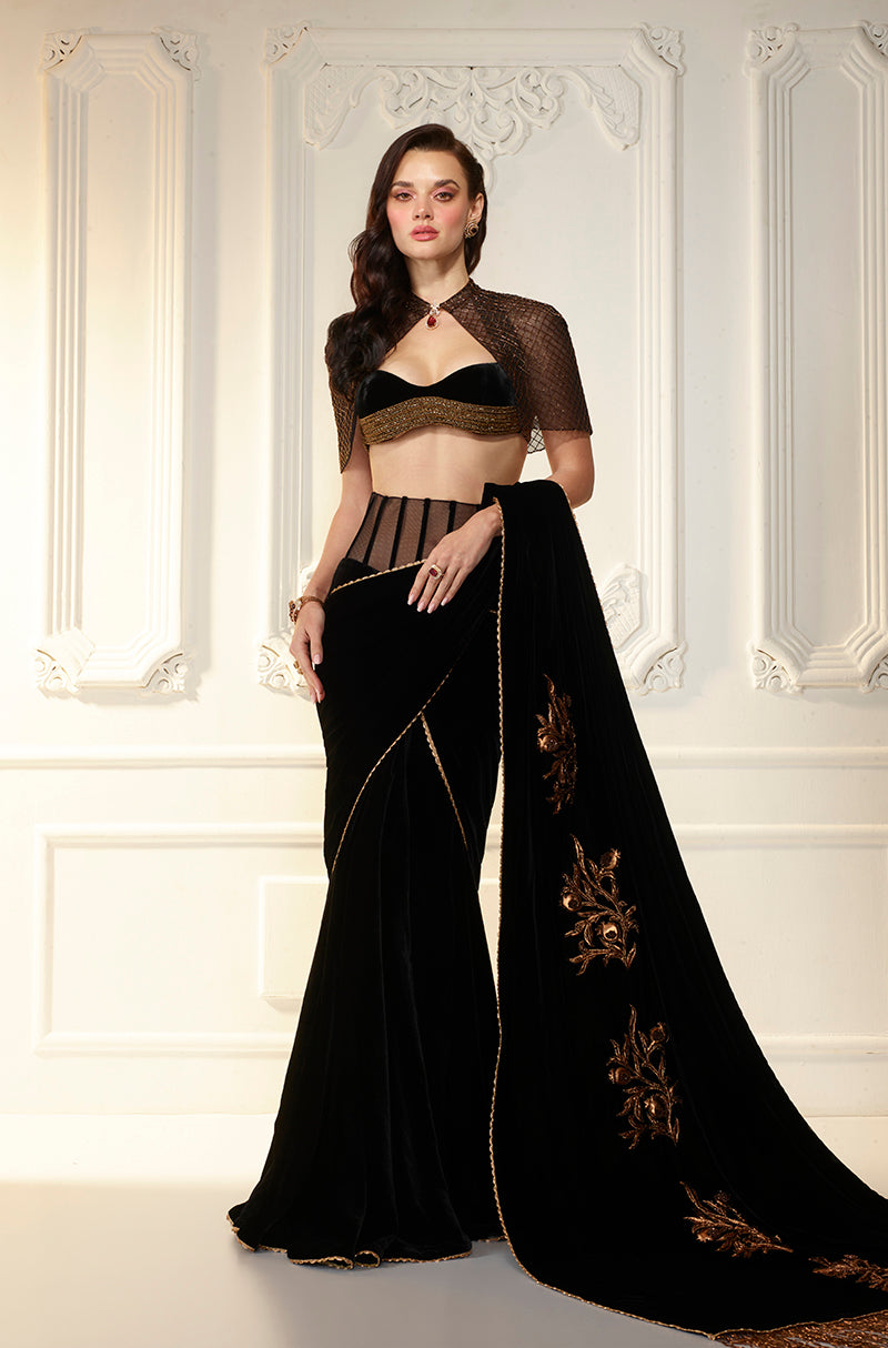 Black Velvet Corset Waist Stitched 
Saree Set
