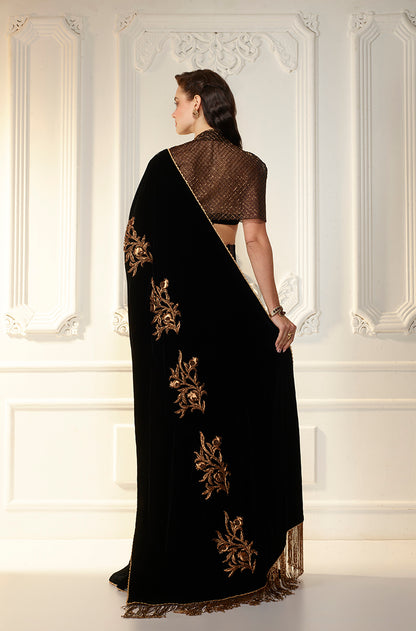Black Velvet Corset Waist Stitched 
Saree Set