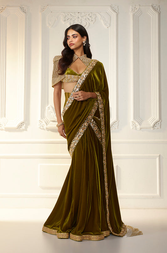 Olive Velvet Corset Waist Stitched Saree Set