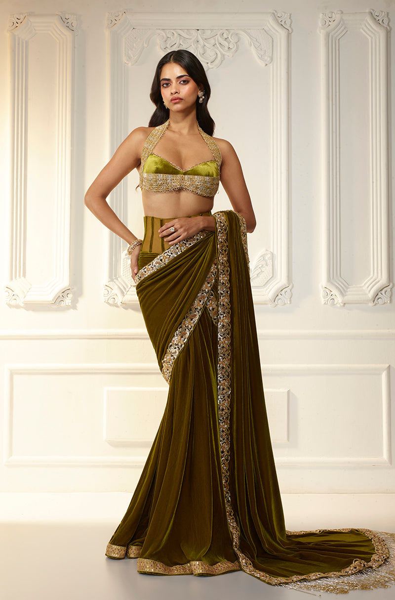 Olive Velvet Corset Waist Stitched Saree Set