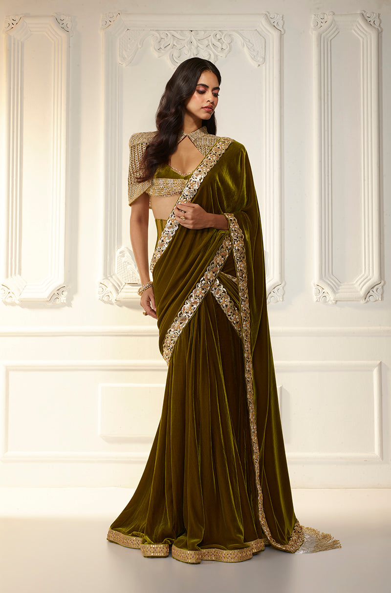 Olive Velvet Corset Waist Stitched Saree Set