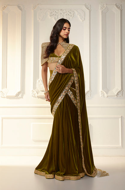 Olive Velvet Corset Waist Stitched Saree Set