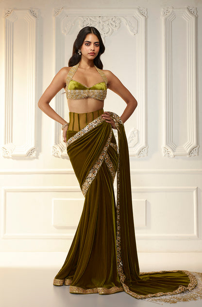 Olive Velvet Corset Waist Stitched Saree Set