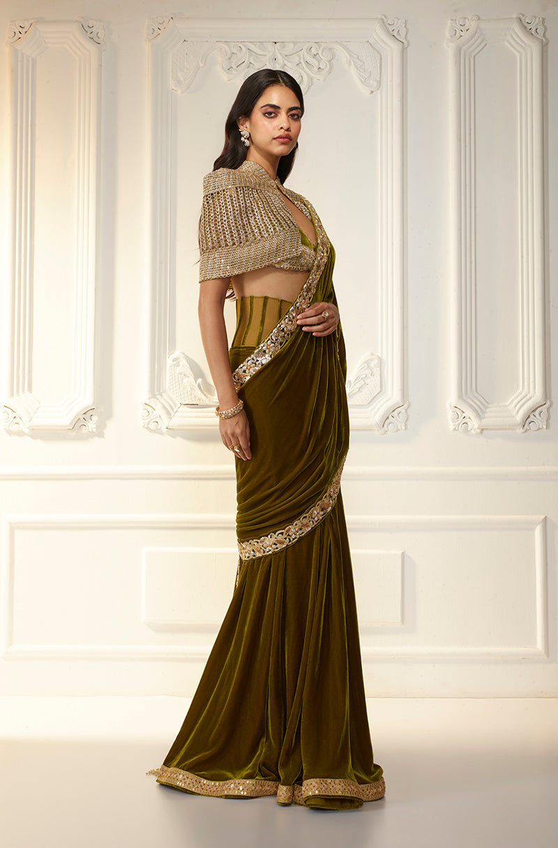 Olive Velvet Corset Waist Stitched Saree Set
