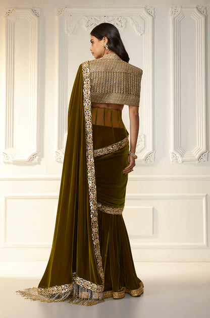 Olive Velvet Corset Waist Stitched Saree Set