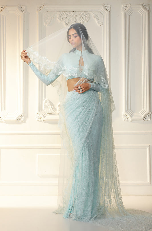 Powder Blue Lace Saree Set