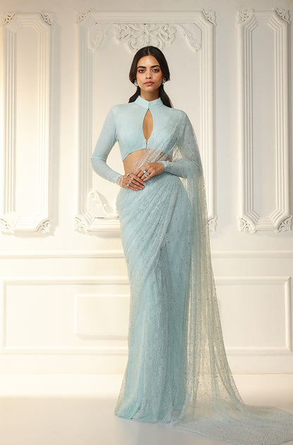 Powder Blue Lace Saree Set