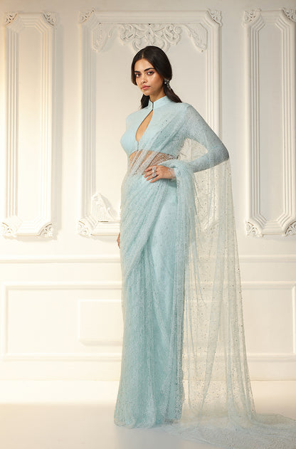 Powder Blue Lace Saree Set