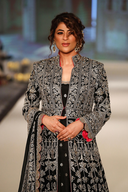 Tahira Kashyap in our Black Georgette Kalidaar Jacket Kurta Set