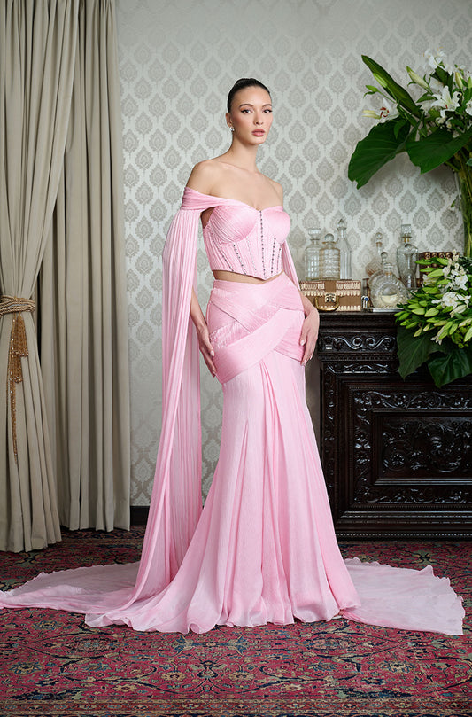 Pink Fit to Flare Drape Skirt Set