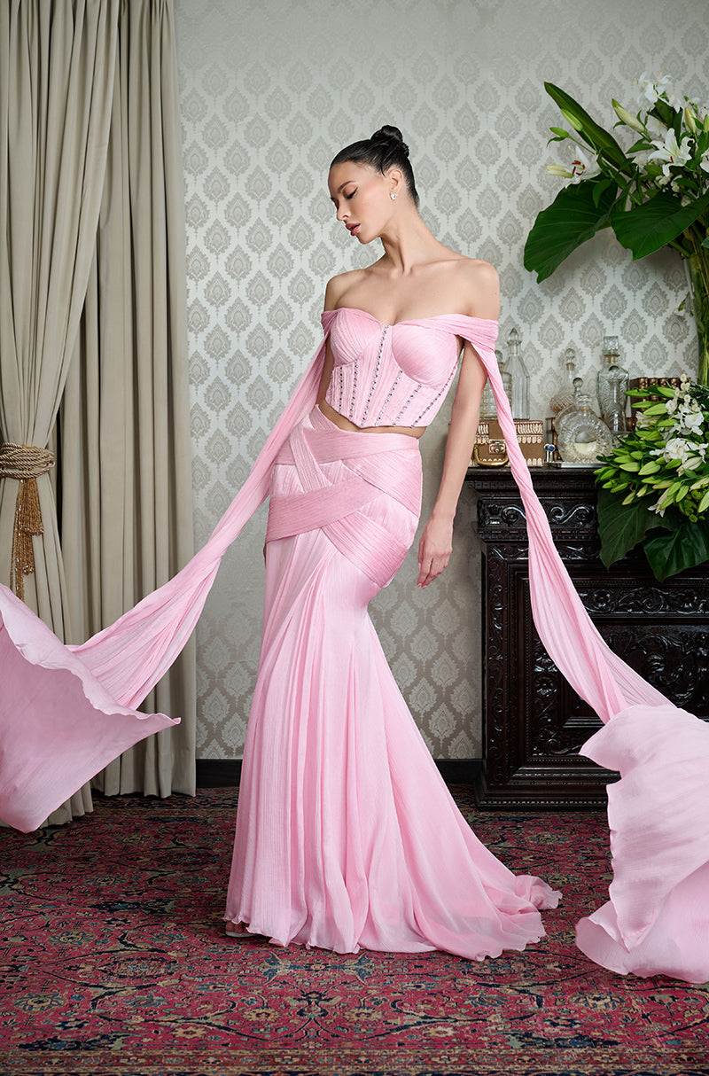Pink Fit to Flare Drape Skirt Set