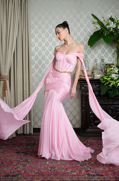 Pink Fit to Flare Drape Skirt Set