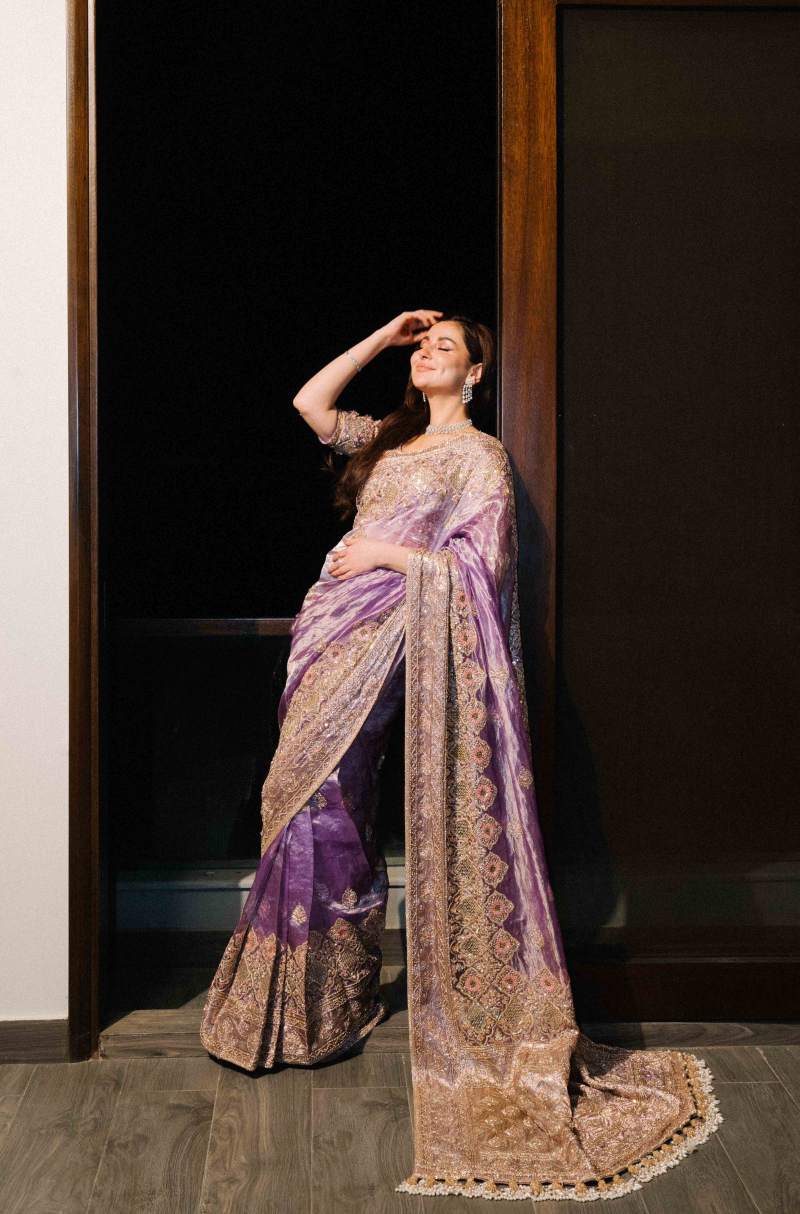 Hania Aamir in our Lavender Embroidered Tissue Saree Set