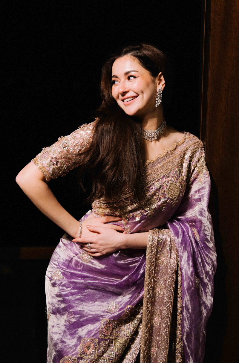 Hania Aamir in our Lavender Embroidered Tissue Saree Set