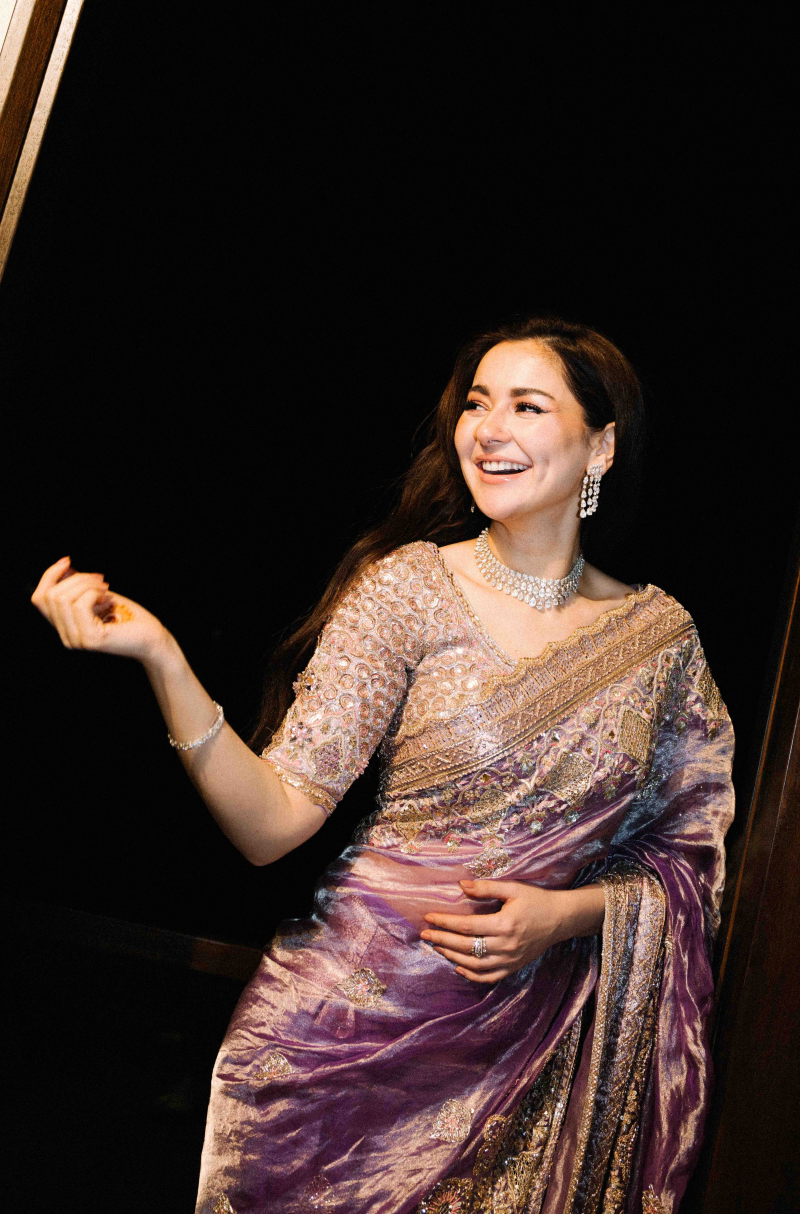 Hania Aamir in our Lavender Embroidered Tissue Saree Set