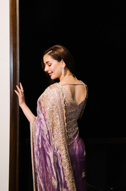 Hania Aamir in our Lavender Embroidered Tissue Saree Set