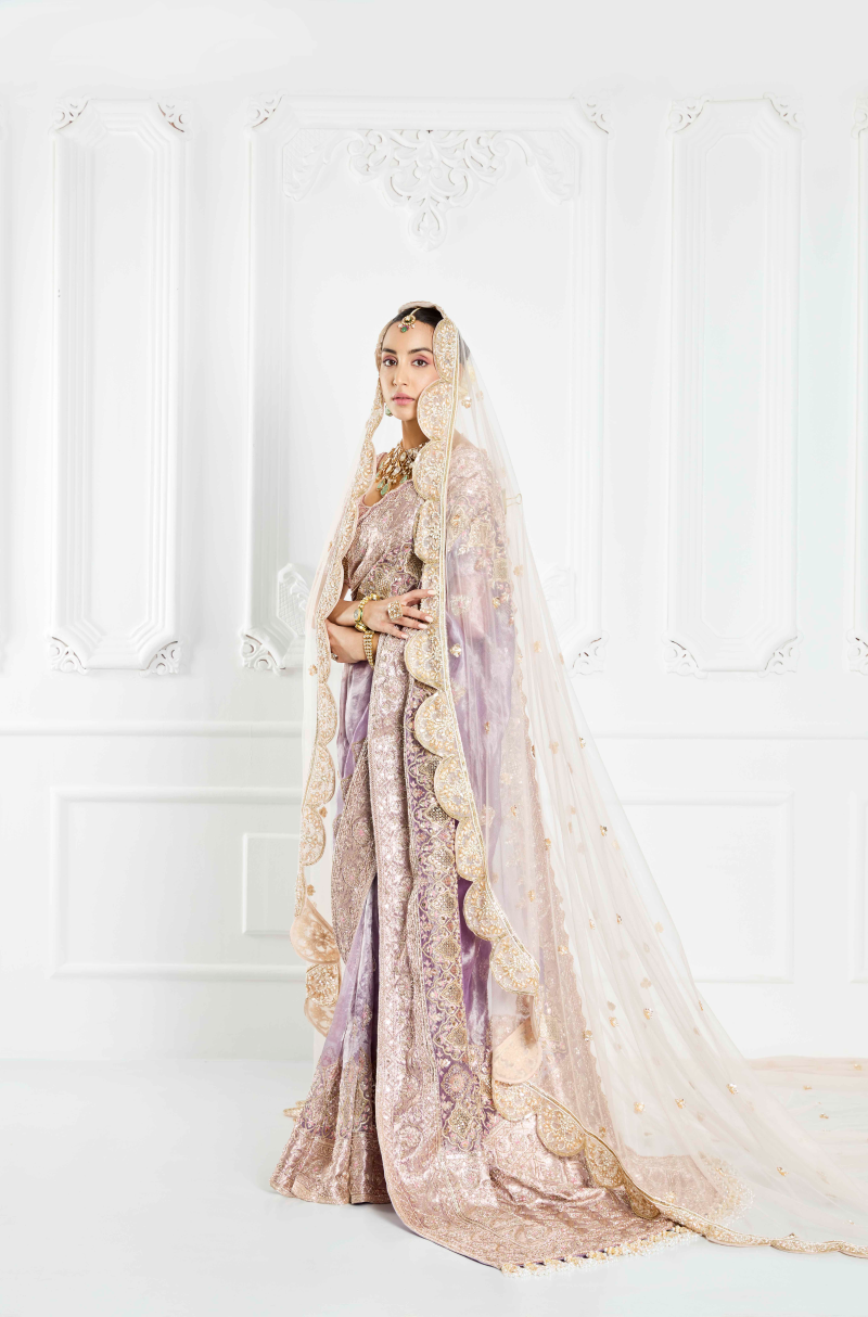 Lavender Embroidered Tissue Saree Set