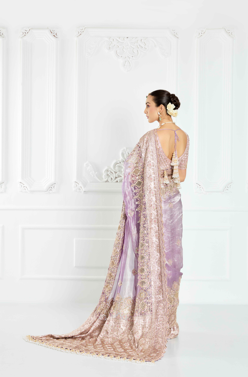 Lavender Embroidered Tissue Saree Set